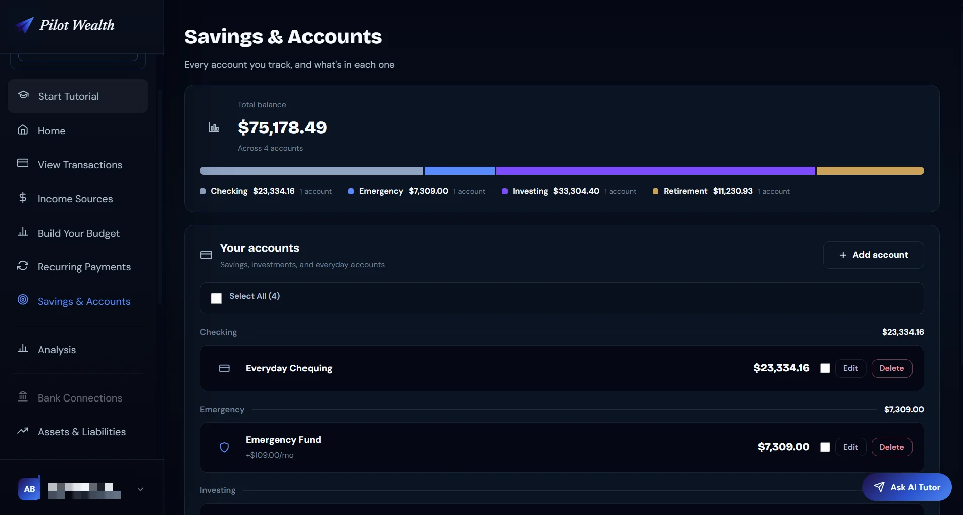 Pilot Wealth savings goals with progress tracking