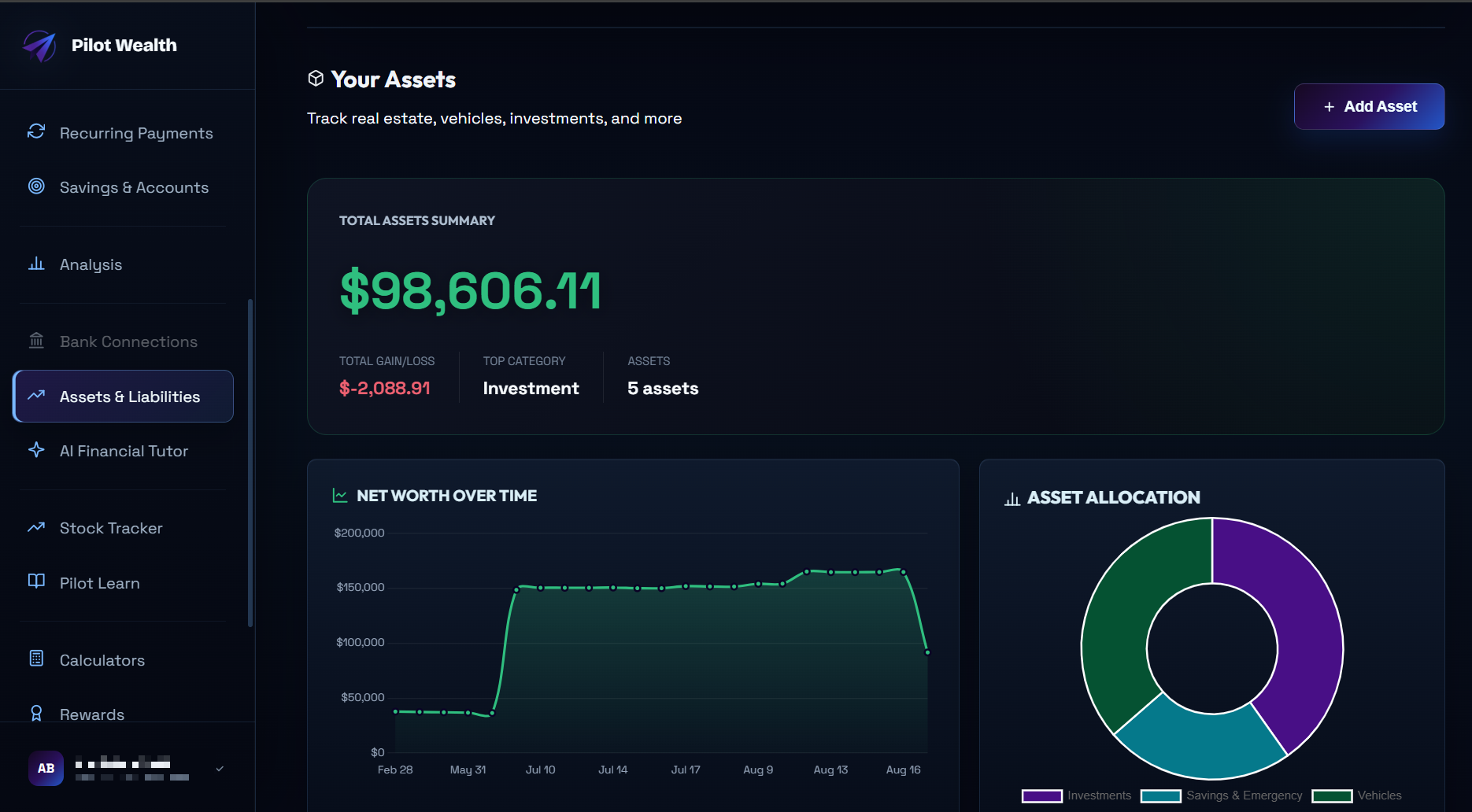 Pilot Wealth assets and net worth breakdown