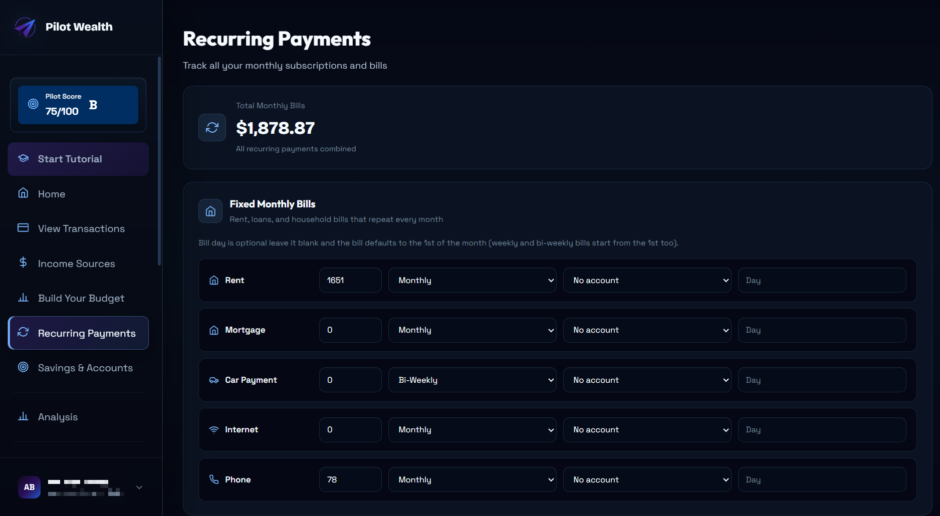 Pilot Wealth budget tracker showing category spending vs limits