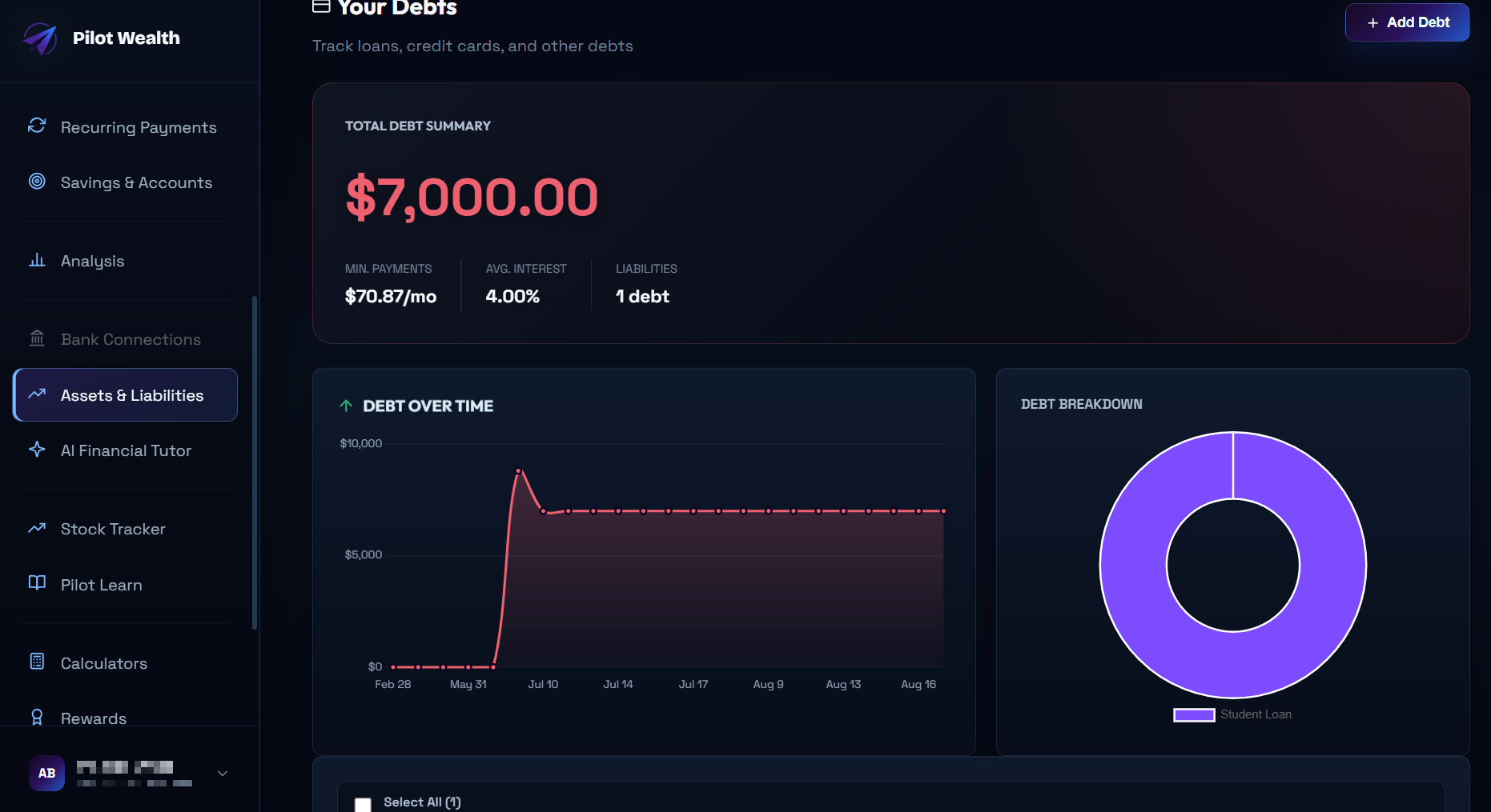 Pilot Wealth debt tracking and payoff view