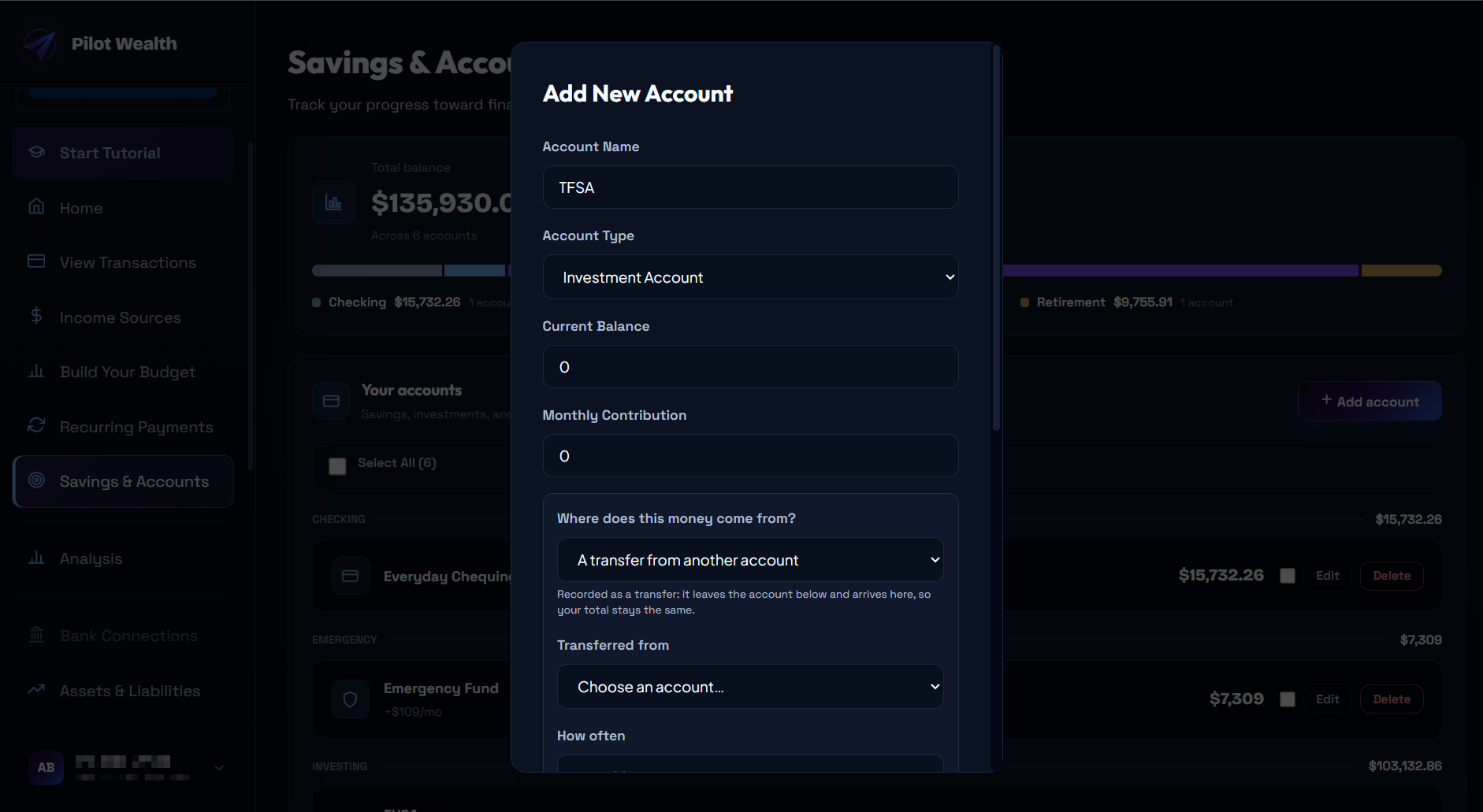 Pilot Wealth savings goals with progress tracking